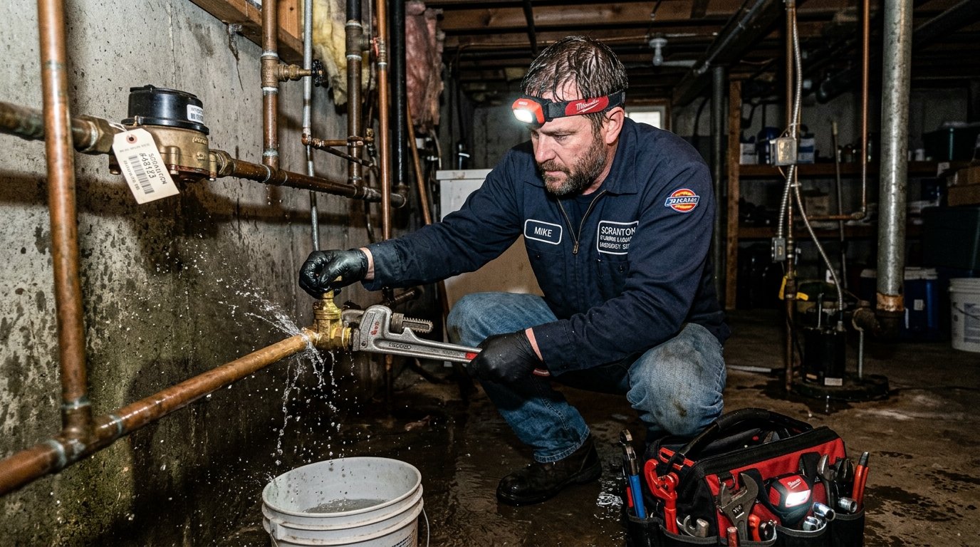 Emergency plumbing technician isolating ruptured water main valve in Scranton basement
