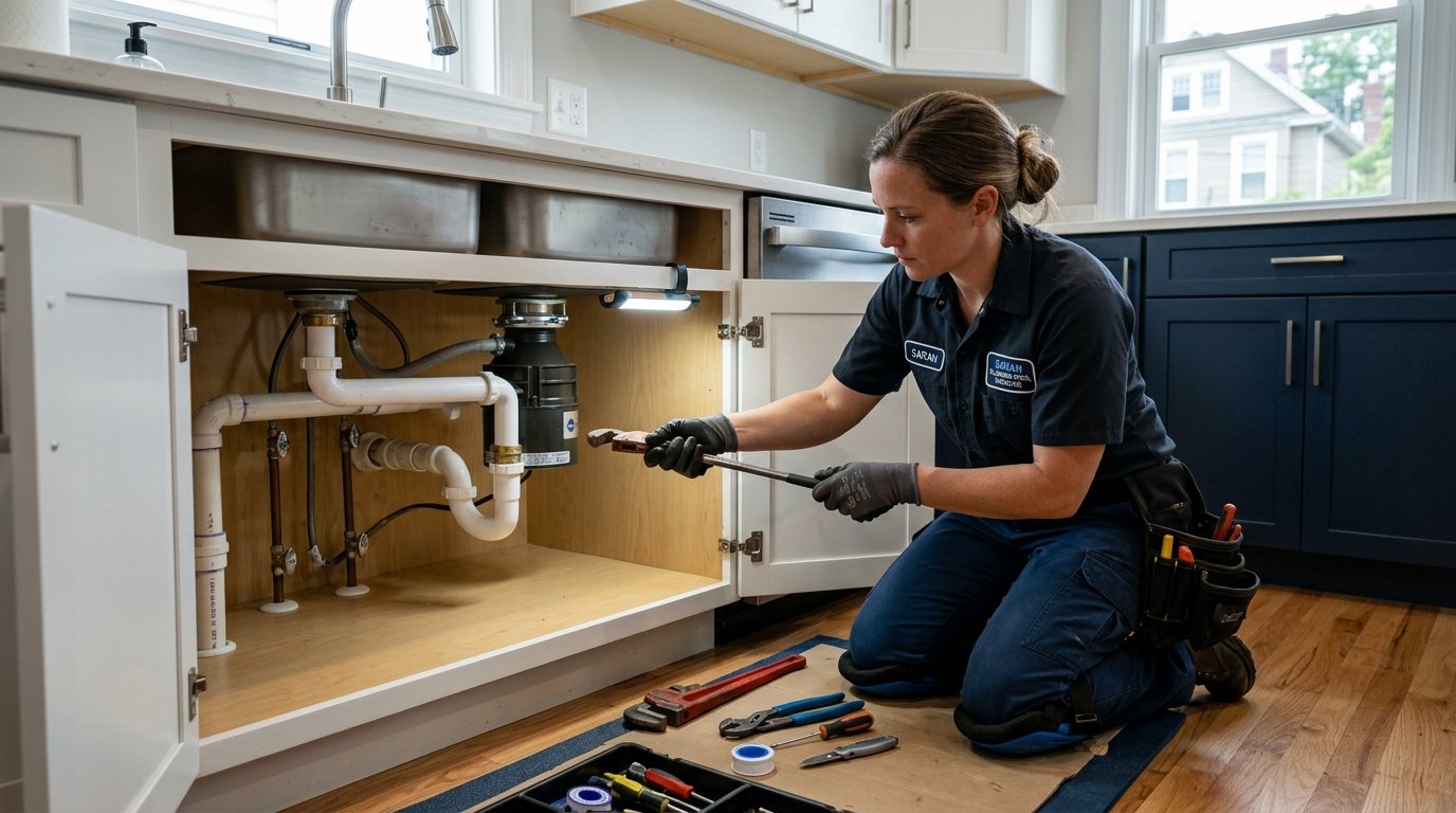 Professional Scranton plumbing technician repairing residential piping under sink